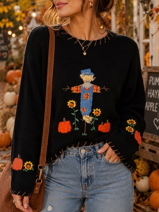 Mandal Bay Sweaters - Vintage Mandal Bay Pumpkin Sunflower Fall Halloween 90s Embroidered Sweater Sz M